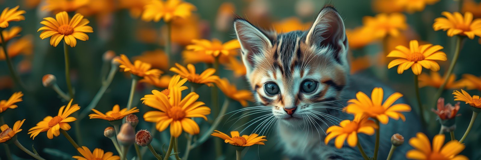 Cute kitten nestled among bright yellow flowers in a vibrant garden setting during sunny daytime